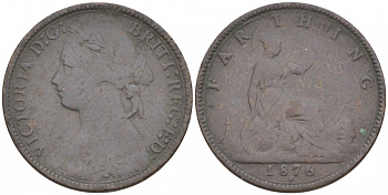 Великобритания 1 фартинг 1876 Н, Виктория (1837-1901) KM 753, Spink 3959 бронза 3955-1258