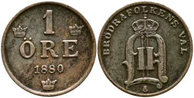 Швеция 1 эре 1880 Оскар II (1872-1907) король Швеции и Норвегии KM 750 бронза 08-1468