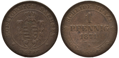 Саксония 1 пфенниг 1871 B KM 1216 медь    413-5545