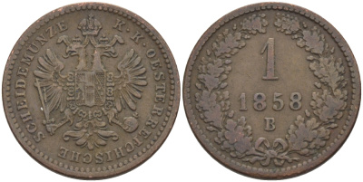 Австрия 1 крейцер 1858 В, Франц Иосиф (1846-1918) KM 2186 медь 220-434