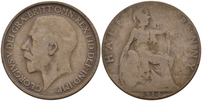 Великобритания 1/2 пенни 1914 Георг V (1910-1936) KM 809, Spink 4051 бронза 4187-526