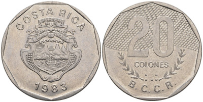 Коста-Рика 20 колон 1983 KM 216.1, Schoen 80 никель сталь 4517-211