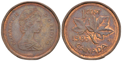 Канада 1 цент 1985 Елизавета II (1952-2022), кленовый лист KM 132 бронза 4609-221