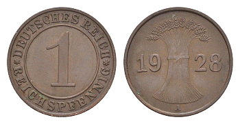 Германия 1 рейхспфенниг 1928 A KM 37, J. 313 бронза 4644-1038