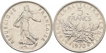 ФРАНЦИЯ 5 ФРАНКОВ 1970 СЕЯТЕЛЬ KM 926a.1, LE FRANC 341.2 медно-никель плакированный никелем 3855-715