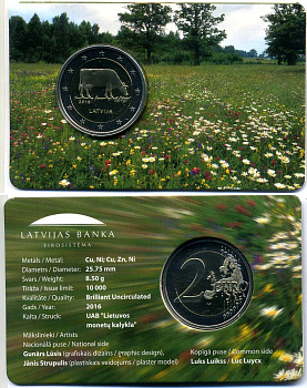 Латвия 2 евро 2016 Латвийская бурая корова, запайка, буклет KM 175 биметалл BUNC 00-000-00