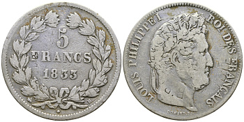 Франция 5 франков 1833 B, Луи Филипп I (1830-1848) KM 749.2 серебро 4386-111