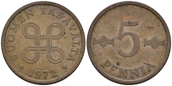 Финляндия 5 пенни 1972  KM 45 медь    4189-114