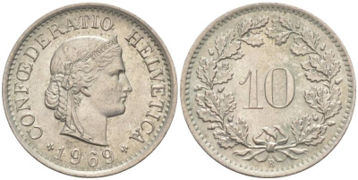 ШВЕЙЦАРИЯ 10 РАППЕНОВ 1969 В KM 27 медно-никель 55-422