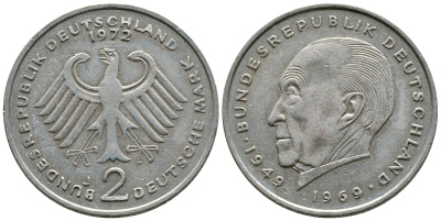ФРГ 2 марки 1972 J, Конрад Аденауэр J 406, KM 124 медно-никель плакированный никелем 4110-333