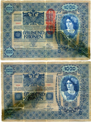 АВСТРИЯ 1000 КРОН 1919 КРАСНАЯ ВЕРТИКАЛЬНАЯ НАДПЕЧАТКА НА 1902 Pick 59 бумага 6312-5-3