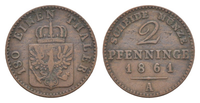 Пруссия 2 пфеннига 1861 A, Вильгельм I (1861-1888) KM 481, Jaeger 51, AKS 107, Olding 425 медь 4651-313