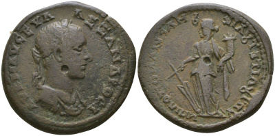 Римская Империя, Провинция Нижняя Мезия, Маркианополь AE 222 - 235 Александр Север, бюст императора / богиня Тихе Mouchmov 719 бронза 1100-7-92
