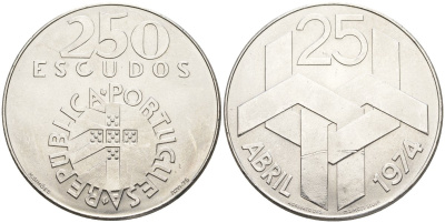 Португалия 250 эскудо 1976 Революция гвоздик 25 апреля 1974 года KM 604 серебро UNC 4558-414
