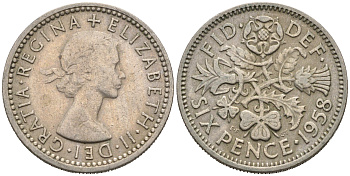 Великобритания 6 пенсов 1958 Елизавета II (1952-2022) KM 903, Spink 4149 медно-никель 75-1536
