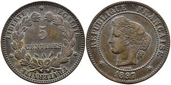 ФРАНЦИЯ 5 САНТИМОВ 1897 A, ТРЕТЬЯ РЕСПУБЛИКА (1871-1940) KM 821.1, LE FRANC 118.41 бронза 4393-341