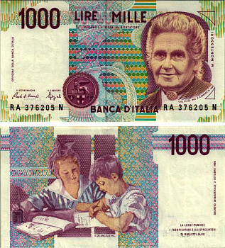 Италия 1000 лир 1990 Мария Монтессори Pick 114а бумага 6352-47-3-1
