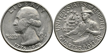 США 25 центов = квотер 1976 D, 200 лет независимости (1776-1976), Вашингтон, барабанщик KM 204 медь плакированная медно-никелем 3336-654