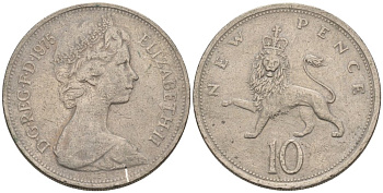 Великобритания 10 пенсов 1975 Елизавета II (1952-2022) KM 912, Spink 4231 (F1) медно-никель 81-131