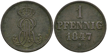 Ганновер 1 пфенниг 1847 B, Эрнст Август (1837-1851) KM 201.1, AKS 129, J. 74 медь 08-1316