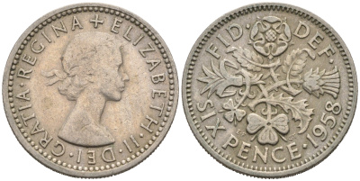 Великобритания 6 пенсов 1958 Елизавета II (1952-2022) KM 903, Spink 4149 медно-никель 75-1536