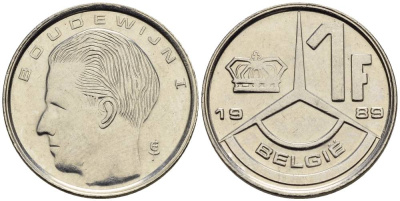 БЕЛЬГИЯ 1 ФРАНК 1989 BELGIE KM 171 сталь плакированная никелем 4528-1045