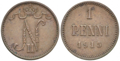 РОССИЯ ДЛЯ ФИНЛЯНДИИ 1 ПЕННИ 1915 НИКОЛАЙ II KM 13, Биткин 475 медь 261-1146