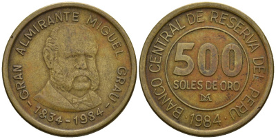 Перу 500 солей 1984 LIMA, 150 лет со дня рождения адмирала Грау KM 289 латунь 87-1147