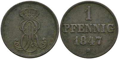 Ганновер 1 пфенниг 1847 B, Эрнст Август (1837-1851) KM 201.1, AKS 129, J. 74 медь 08-1316