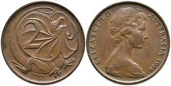 Австралия 2 цента 1966 Елизавета II (1952-), плащеносная ящерица KM 63 бронза 3336-742