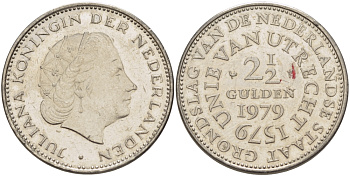 Нидерланды 2 1/2 гульдена 1979 400 лет Утрехтскому союзу, Юлиана (1949-1980) KM 197 никель 82-1245