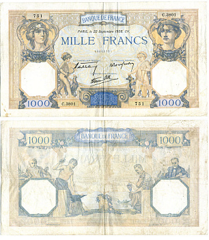 Франция 1000 франков 1938 22 сентября 1938 CV Pick 90 с бумага 434-6-1-1