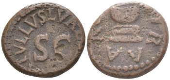 Римская Империя квадранс 4 г. до н.э. Октавиан Август, алтарь, IIIVIR AAAFF / SC L VALERIVS CATVLLVS (монетарий Валерий Катулл), Рим (из немецкой коллекции 1-й половины XX века, с владельческим конвертом) RIC 468 бронза 1073-15-113