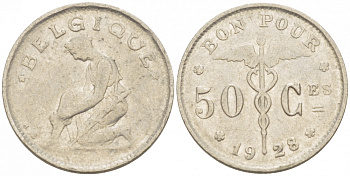 БЕЛЬГИЯ 50 САНТИМОВ 1928 BELGIQUE KM 87 никель 261-1624