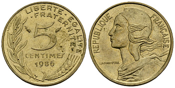 Франция 5 сантимов 1986 тип Marianne KM 933 алюминиевая бронза 4136-445