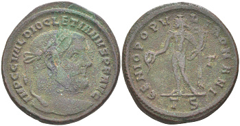 Римская Империя нуммий 302 - 303 Диоклетиан, бюст императора, IMP C C VAL DIOCLETIANVS P F AVG / Гений Римского народа, GENIO POPVLI ROMANI Г TS, Фессалоника RIC 25а биллон 1073-23-41