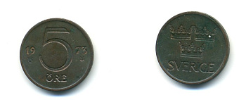 Швеция 5 эре 1973 U, Густав VI Адольф (1950-1973) KM 845 бронза 80-764