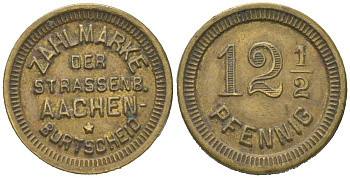 Ахен-Буртшайд трамвайный жетон в 12 1/2 пфеннига ND Men05 14.3, Men18 113.1 латунь 4615-766