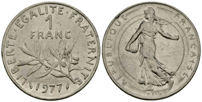 Франция 1 франк 1977 сеятель KM 925 никель 4135-856