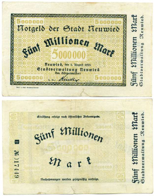 НОЙВИД, ГЕРМАНИЯ 5000000 МАРОК (5 МИЛЛИОНОВ МАРОК) 1923 1 АВГУСТА 1923, НОТГЕЛЬД, ЗЕМЛЯ РЕЙЛАНД-ПФАЛЬЦ, СЕРИЯ В Keller 3903f бумага 8613-35-1-1