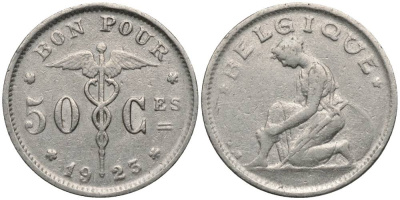 БЕЛЬГИЯ 50 САНТИМОВ 1923 BELGIQUE, АЛЬБЕРТ I (1909-1934) KM 87 никель 27-117