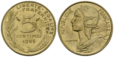 Франция 5 сантимов 1986 тип Marianne KM 933 алюминиевая бронза 4136-445