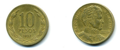 ЧИЛИ 10 ПЕСО 1997 БЕРНАРДО ХИГГИНС KM 228.2 никель латунь 37-151