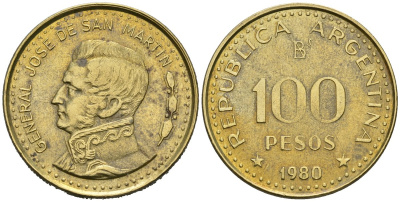 Аргентина 100 песо 1980 генерал Хосе де Сан Мартин KM 85а сталь плакированная латунью 81-326
