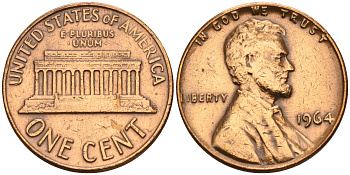 США 1 цент 1964 Линкольн KM 201 медь цинк    4115-317