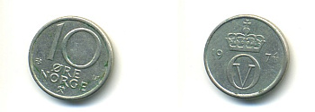 Норвегия 10 эре 1974 Улаф V (1958-1991) KM 416 медно-никель 80-856