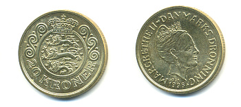 ДАНИЯ 20 КРОН 1996 МАРГАРЕТ II KM 878 алюминиевая бронза 179-242