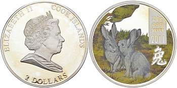 Острова Кука 2 доллара 2011 год Кролика, два серых кролика, цветная эмаль KM NEW серебро PROOF 1091-9-53
