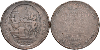 Франция 5 солей (су) 1792 LAN 4, революции, токен, VIVRE LIBRAS OU MOURIR ("Жить свободным или умереть", MONNERON FRERES NEGOCIANS A PARIS (Торговцы братья Моннерон. Париж). KM Tn31, Guilloteau 291, Mazard 145 бронза 4552-924