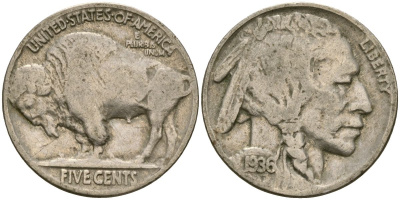 США 5 центов 1936 индеец, бизон KM 134 медно-никель 4529-326